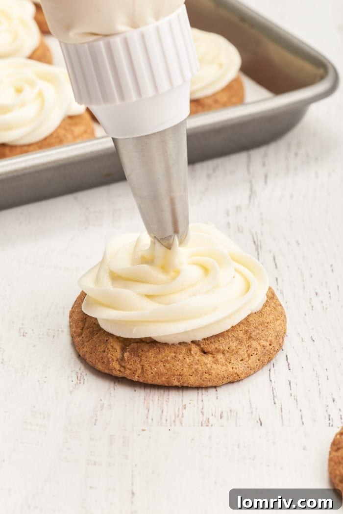 A bag of frosting with a frosting tip is frosting a snickerdoodle cookie.