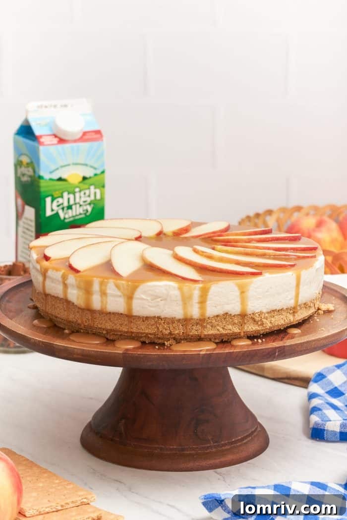 A no bake caramel apple cheesecake on a wooden cake stand, beautifully garnished with fresh apple slices and a luscious caramel drizzle.