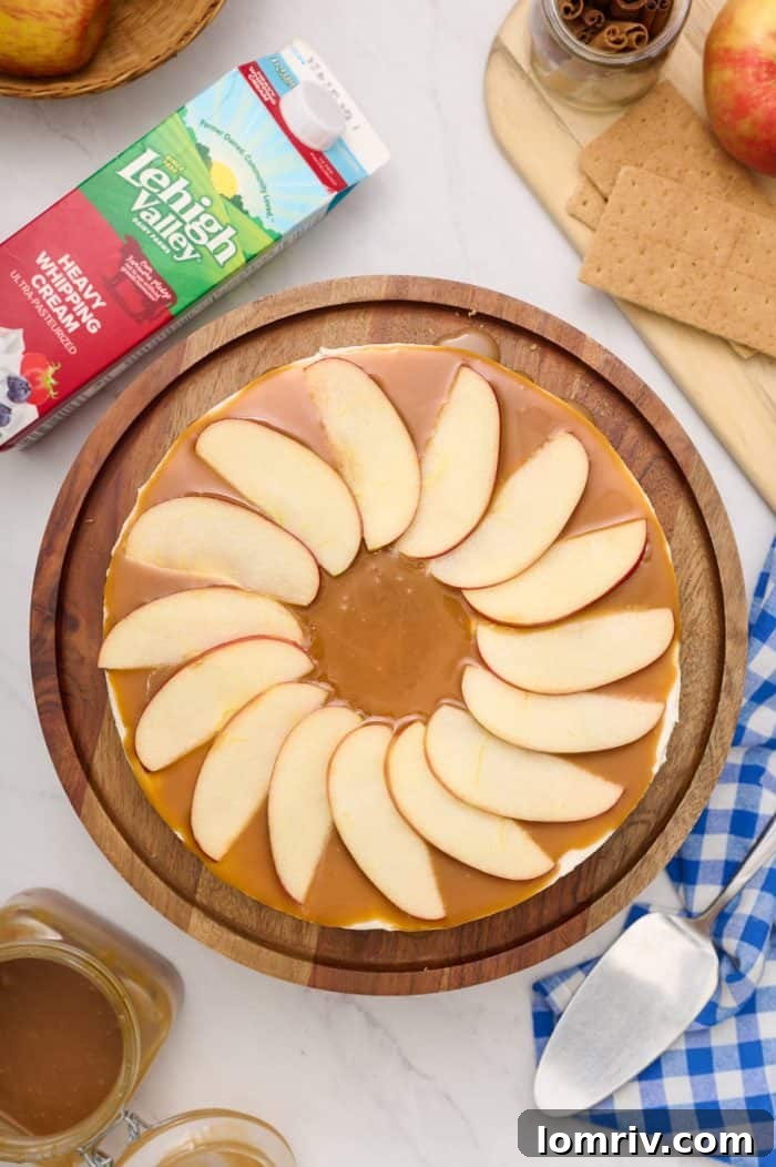 An overhead shot of the fully decorated apple caramel cheesecake, adorned with fresh apple slices and caramel swirls, ready to serve.