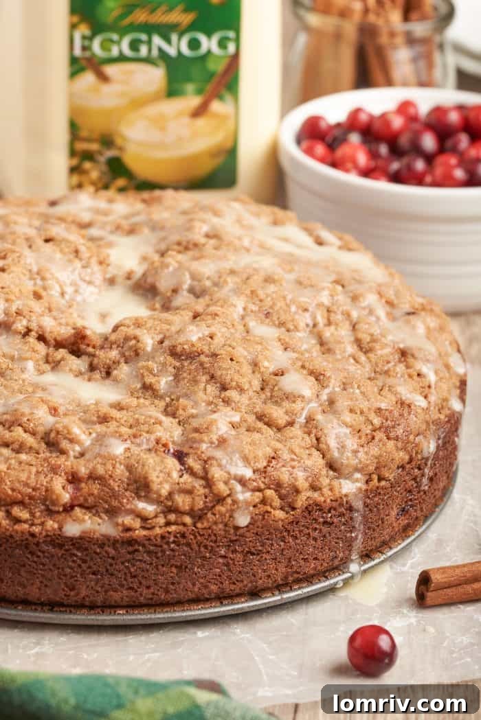 A beautiful closeup of the moist cranberry eggnog coffee cake, showcasing its golden crumble topping and visible tart cranberries, surrounded by scattered fresh cranberries.