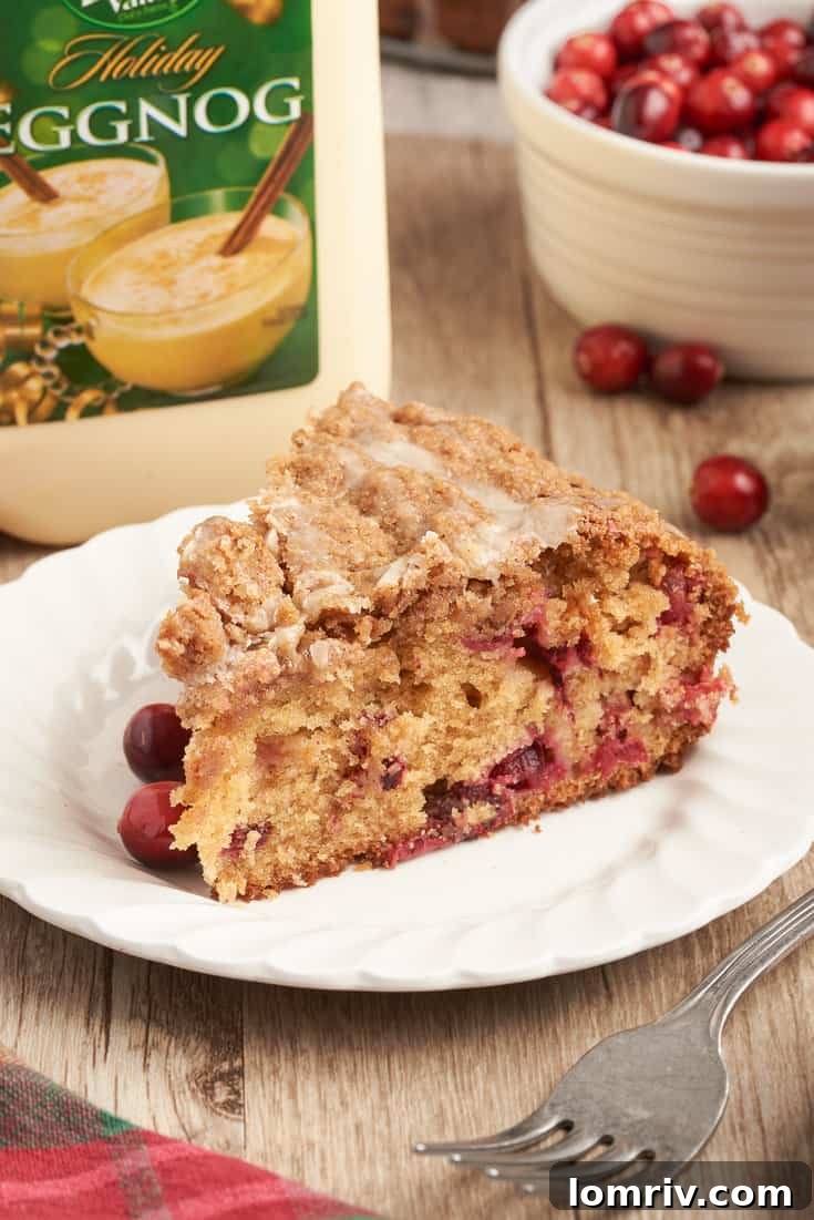 A perfectly portioned slice of cranberry eggnog coffee cake presented on a pristine white plate, ready to be enjoyed.