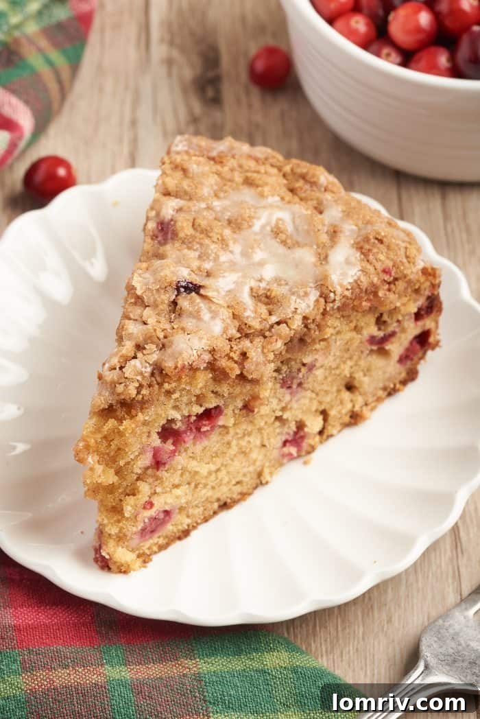 A close-up of a single slice of cranberry eggnog coffee cake on a white plate, highlighting its rich textures and the delicate drizzle of icing.