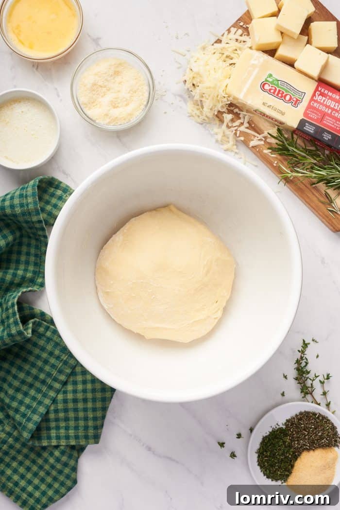 The freshly kneaded dough, glistening and smooth, transferred to a greased white bowl, covered and ready for its first proof.