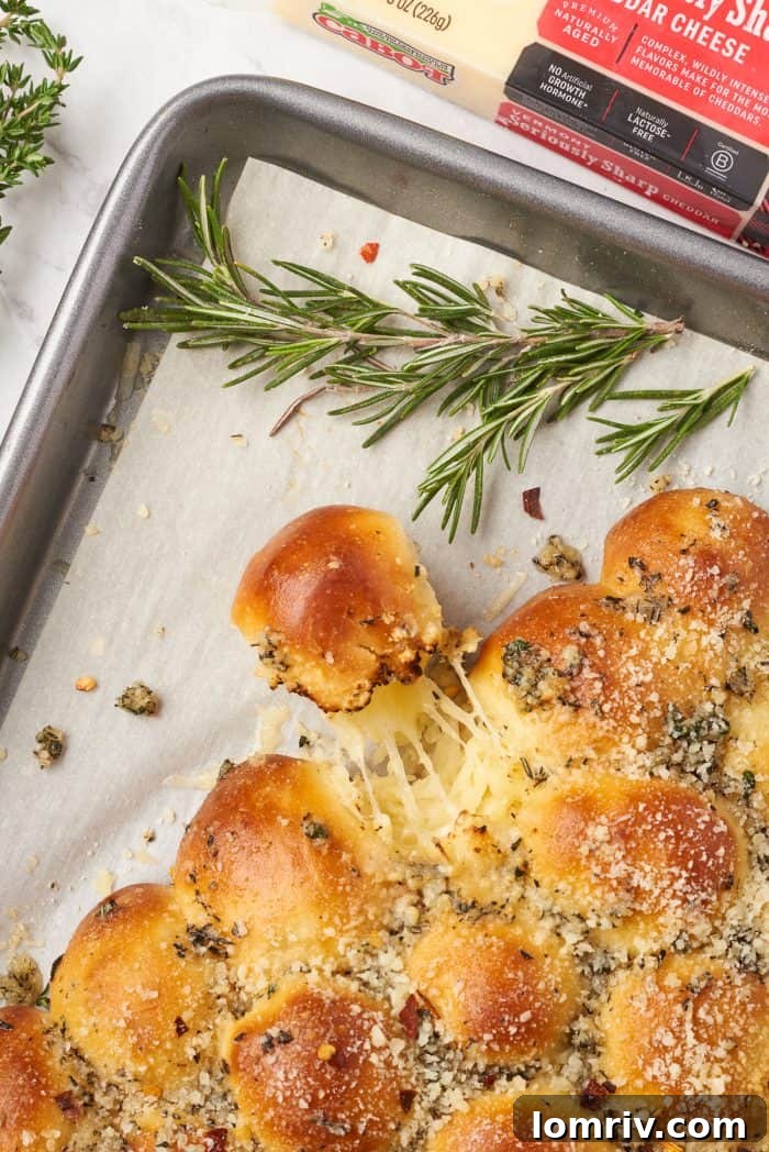 A hand reaches in to pull a cheesy, herb-infused bread ball from the festive Christmas tree loaf, showcasing its perfect pull-apart texture.