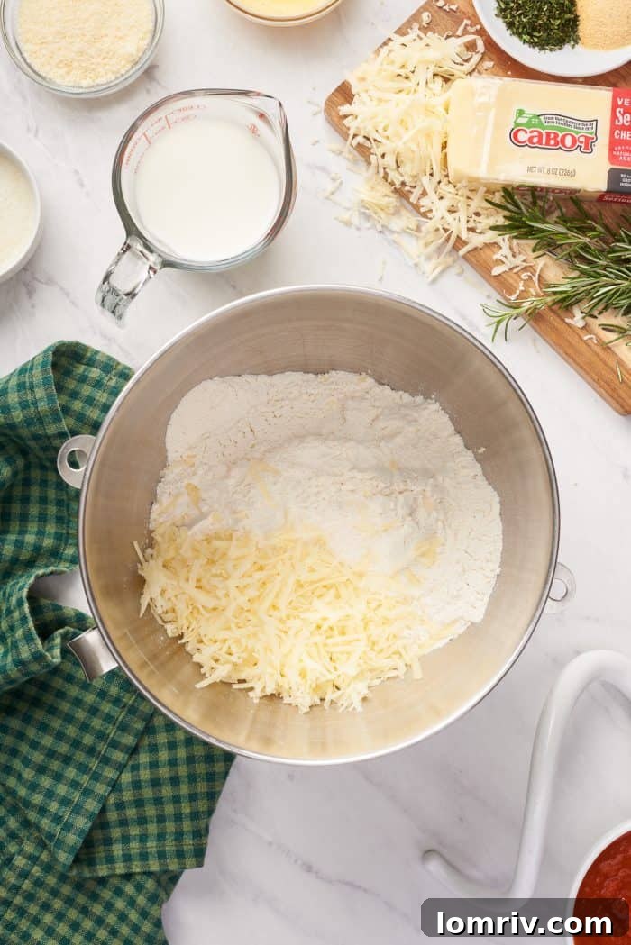 A stand mixer bowl filled with all-purpose flour and shredded cheese, ready for the next ingredients to be added.