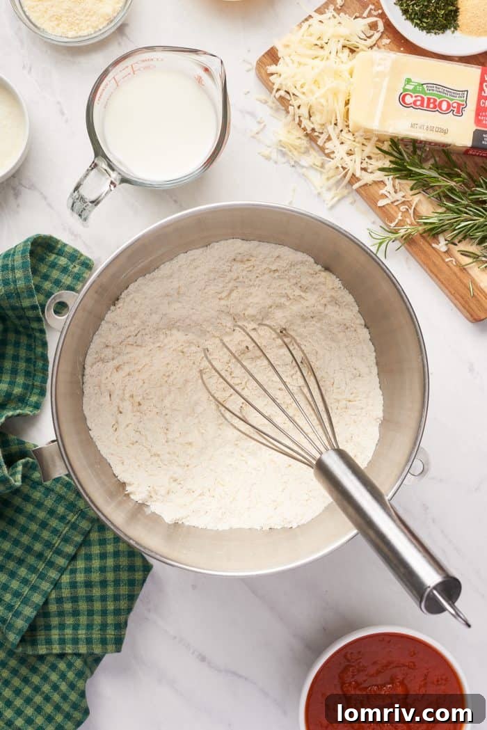 A close-up of a whisk blending the dry ingredients in a mixing bowl, creating a smooth, consistent mixture.