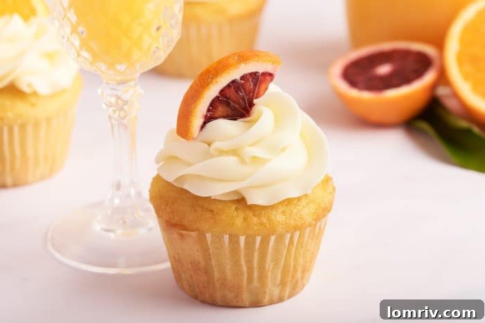 A single mimosa cupcake, perfectly adorned with orange frosting and a fresh orange slice, stands beside a sparkling glass of mimosa. A bottle of orange juice is visible in the background, reinforcing the theme.