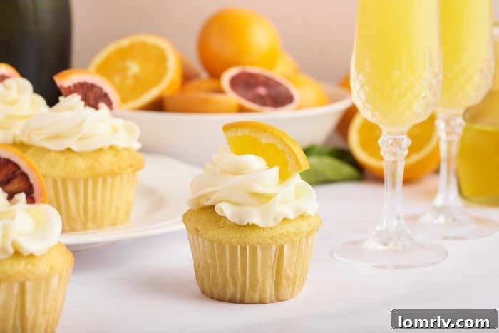 A vibrant close-up of multiple mimosa cupcakes, each intricately frosted and garnished with a delicate slice of orange, highlighting their freshness and appeal.