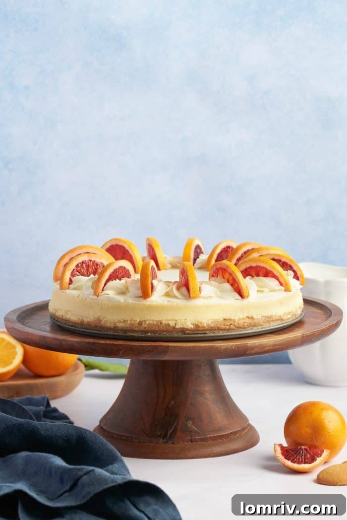A vibrant blood orange cheesecake adorned with freshly sliced blood oranges on a rustic wooden cake stand, set against a soft blue backdrop.