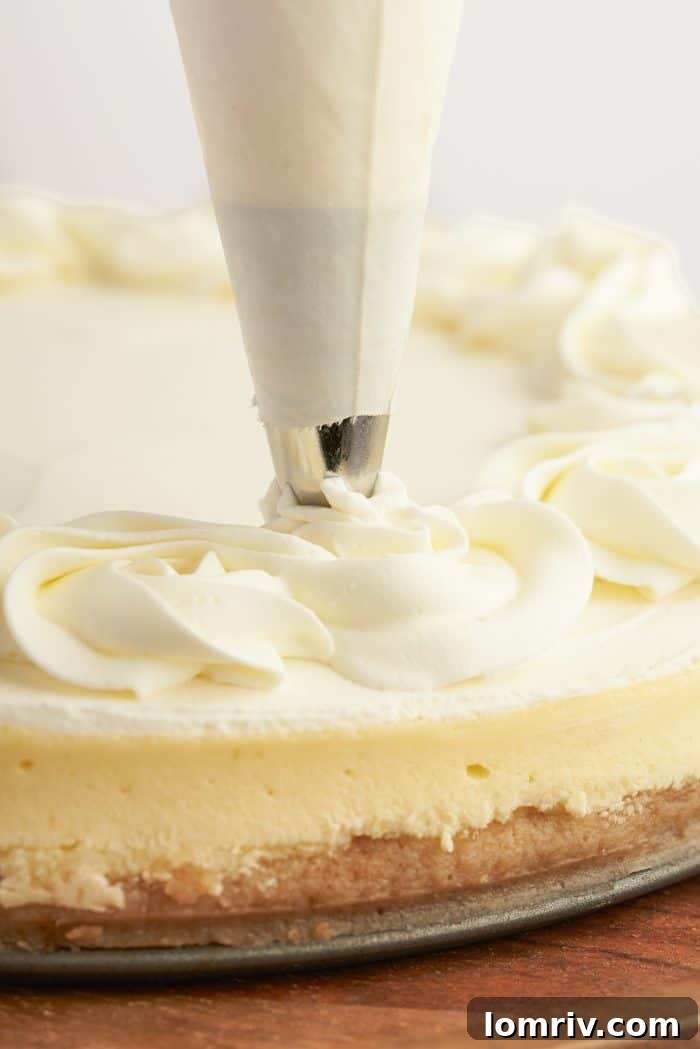 The blood orange cheesecake being frosted with beautifully piped whipped cream swirls.