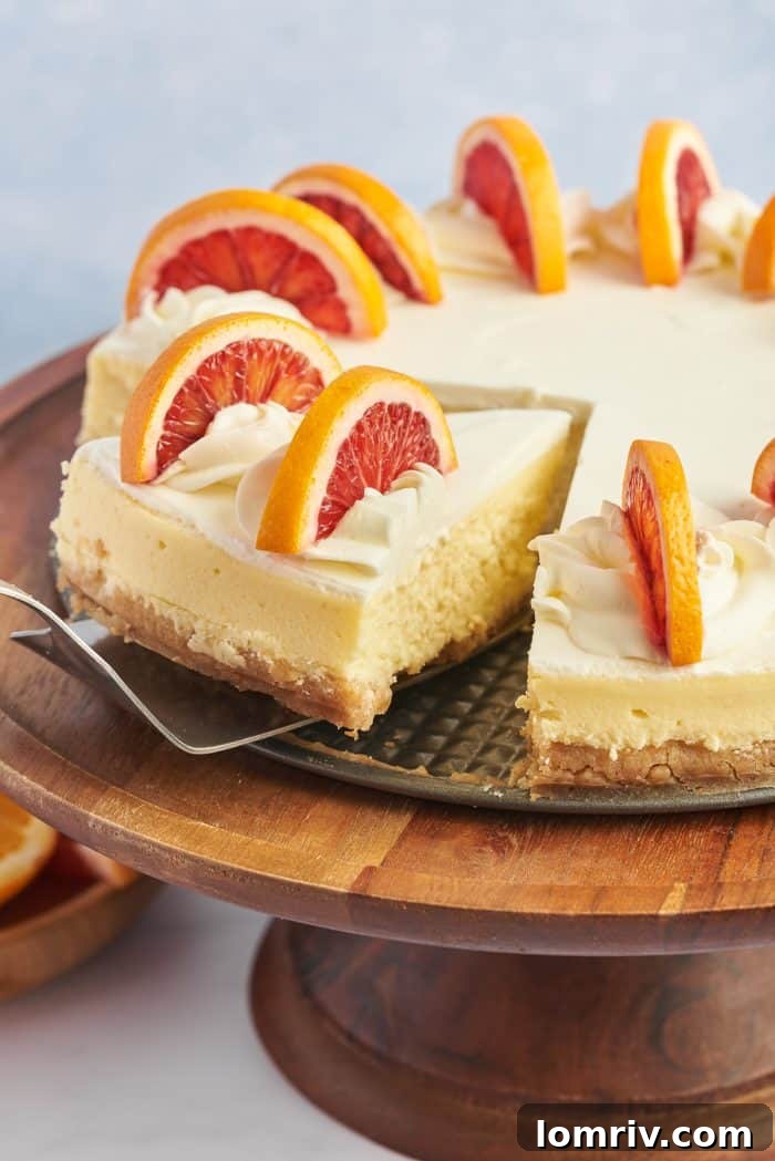 A delectable slice of blood orange cheesecake being carefully lifted from a serving stand, showcasing its creamy texture.