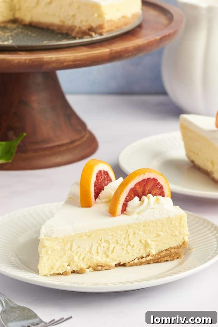A pristine slice of winter citrus cheesecake presented on a white plate, with a wooden cake stand blurred in the background.