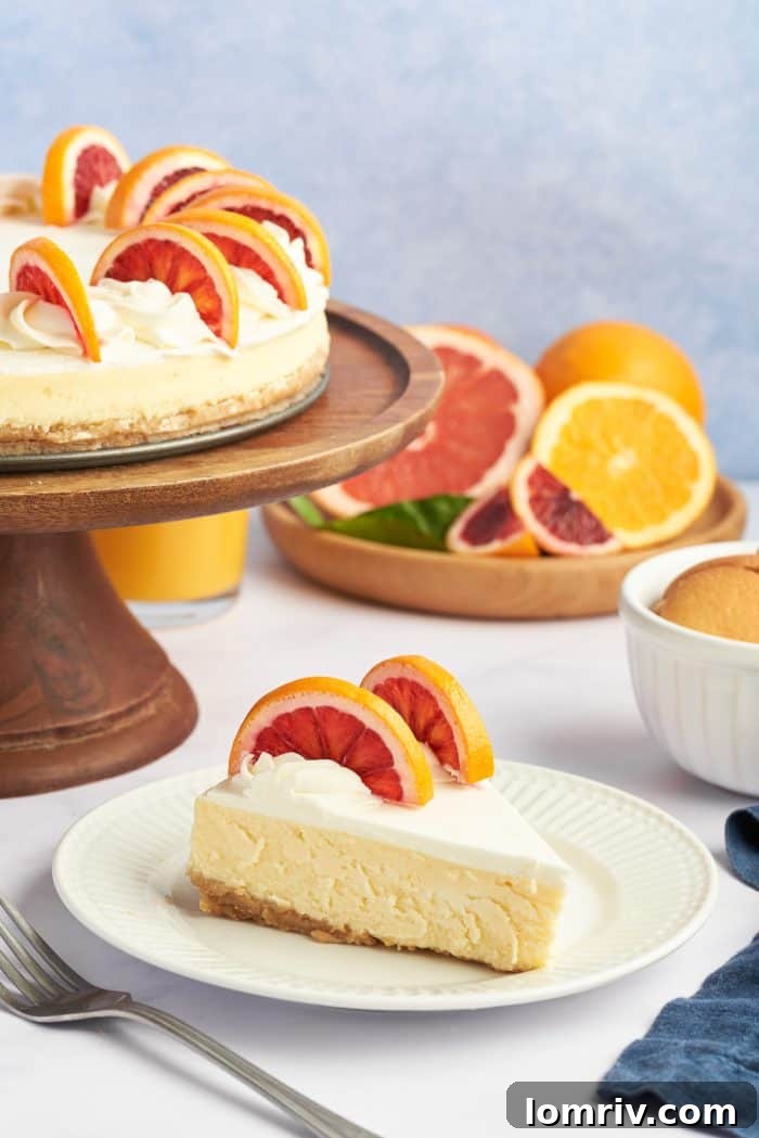 Another elegant shot of a winter citrus cheesecake slice on a white plate, highlighting its smooth texture.