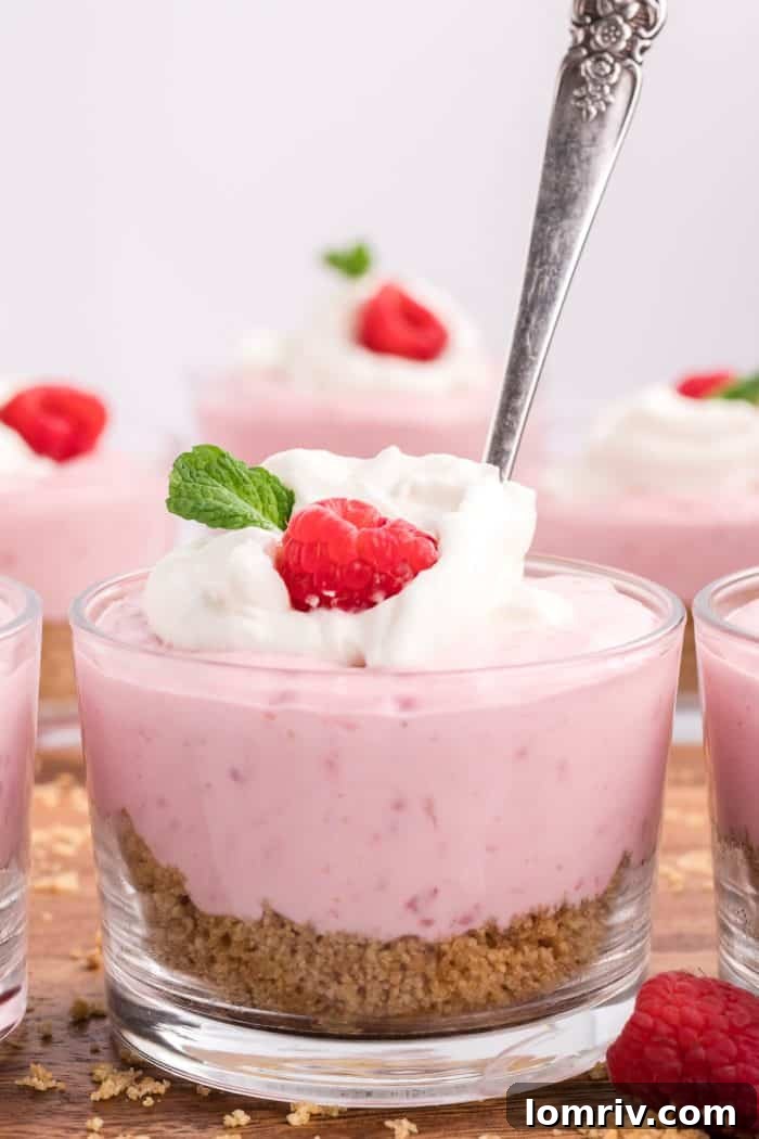 A glass serving dish with fluffy raspberry mousse and a spoon, ready to be enjoyed.