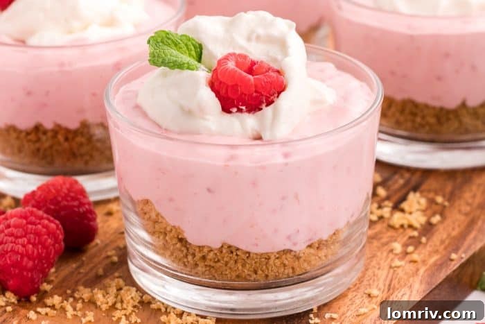 Three serving dishes of raspberry mousse arranged elegantly on a rustic wooden background.