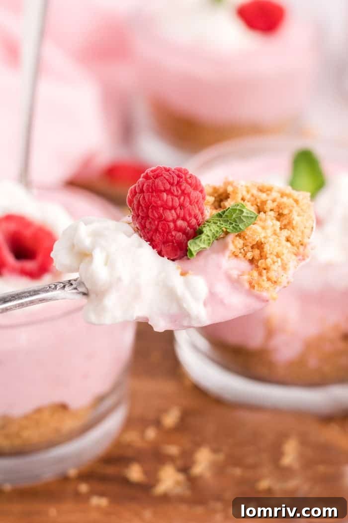 A spoonful capturing all layers of the raspberry mousse: crust, mousse, and whipped cream topping.