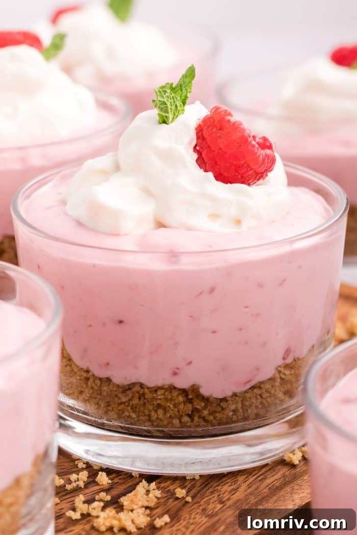 A prepared glass dish of raspberry mousse topped with whipped cream.