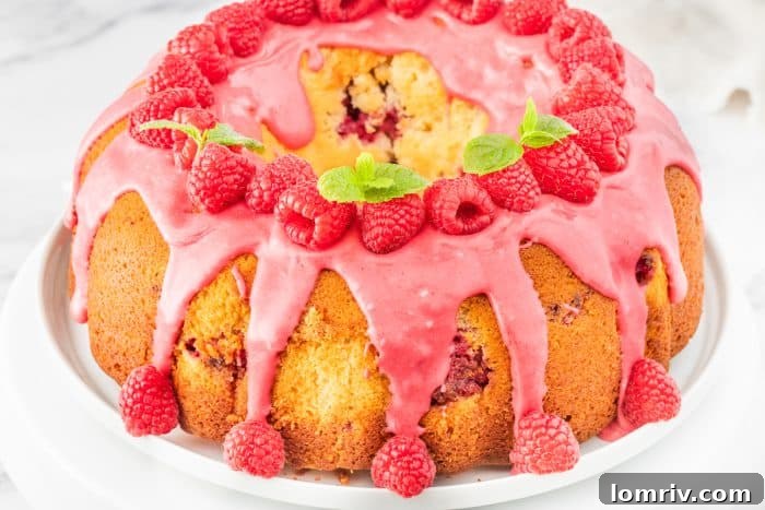 A wide, horizontal shot of a lemon raspberry bundt cake, showcasing its full glory on a white plate.