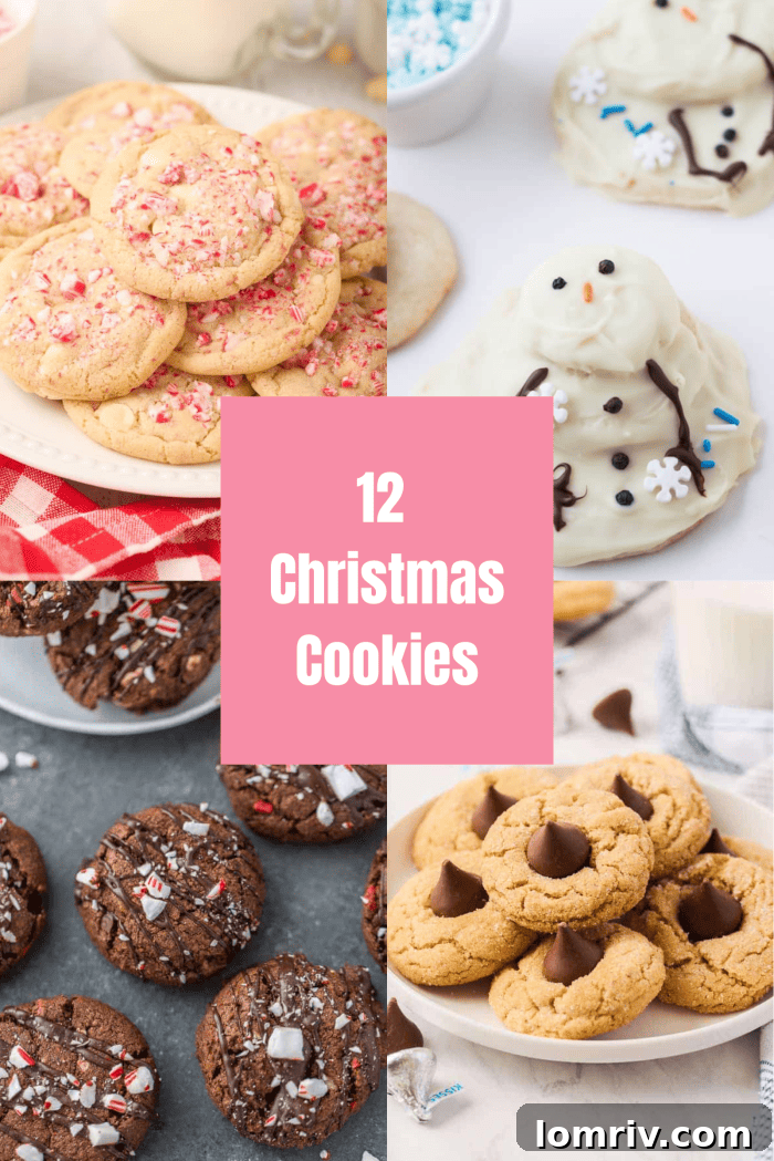 An assortment of four classic Christmas cookies, including festive shortbread, vibrant crinkle, traditional gingerbread, and powdered sugar snowball cookies.