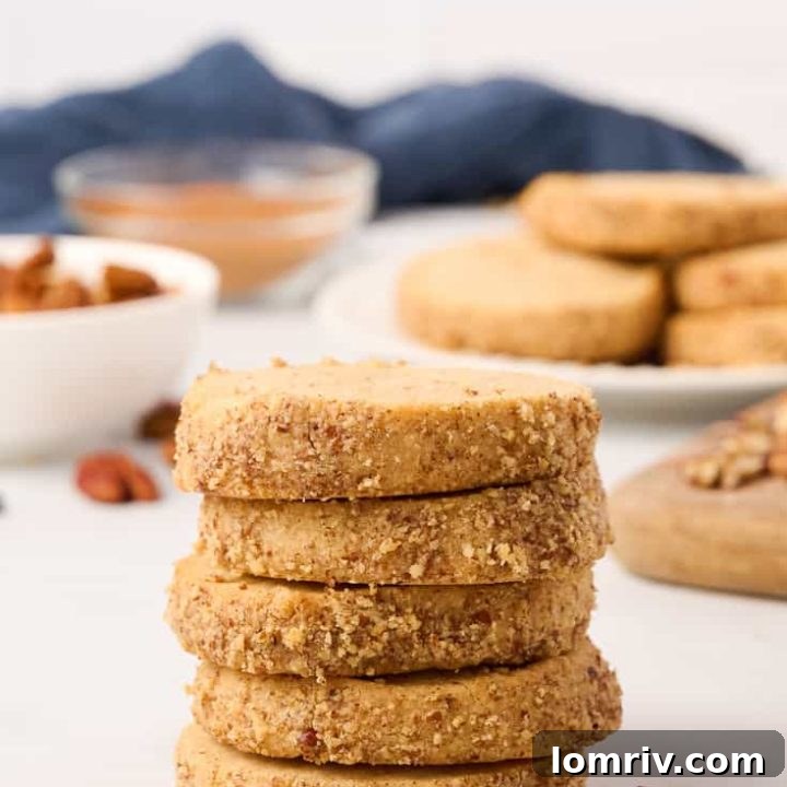 Golden brown shortbread cookies sprinkled with cinnamon and finely chopped pecans.