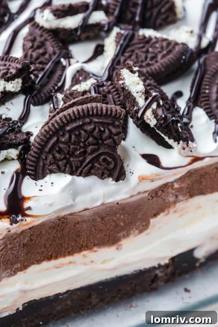 A close up of the no bake Oreo dessert showing the crushed Oreo cookie topping.