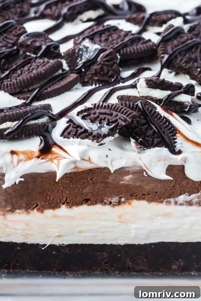 A closeup of the no bake Oreo dessert showing its layers.