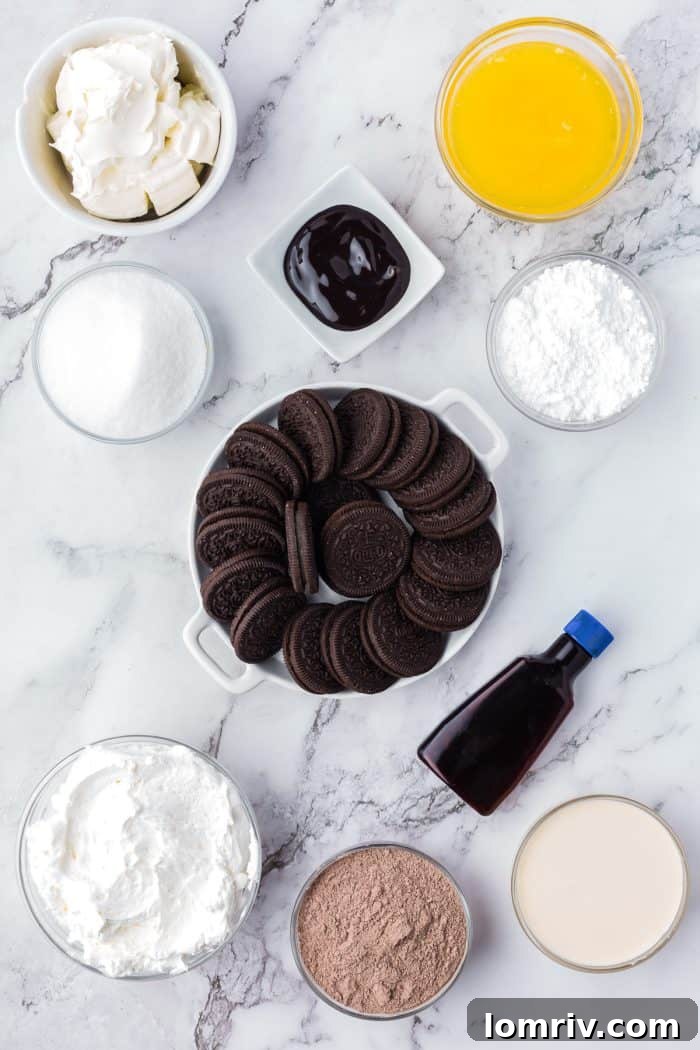 Bowls containing ingredients for no bake Oreo layered dessert.