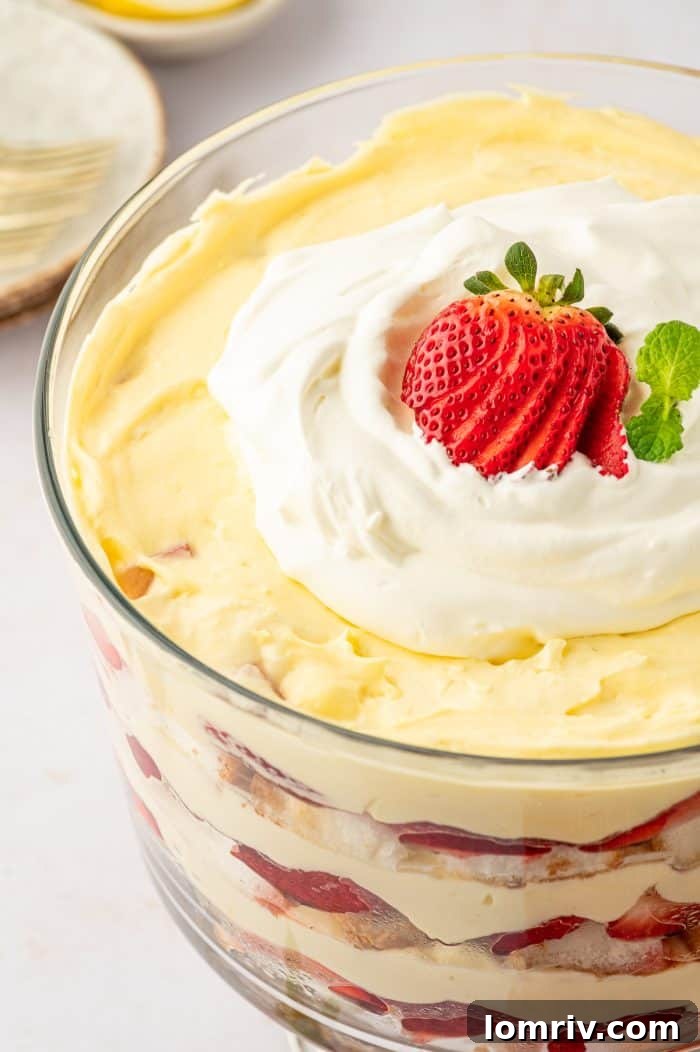 A beautifully garnished strawberry trifle, topped with a swirl of whipped cream and a fresh sliced strawberry, ready to be served.