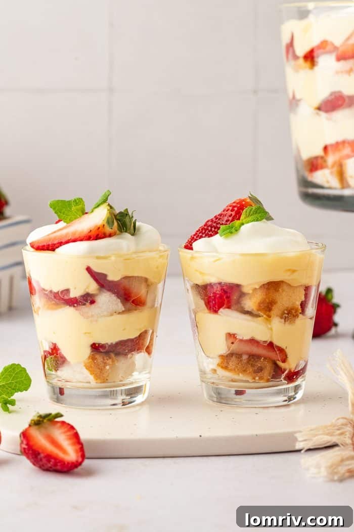 Two individual glass servings of strawberry trifle, garnished with fresh strawberries, with a blurred background of more strawberries.