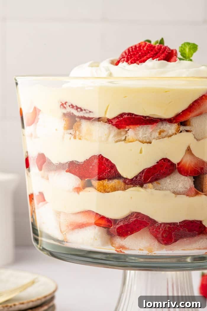 A stunning side view of the strawberry trifle in a glass bowl, showcasing the distinct, vibrant layers of cake, fruit, and cream.