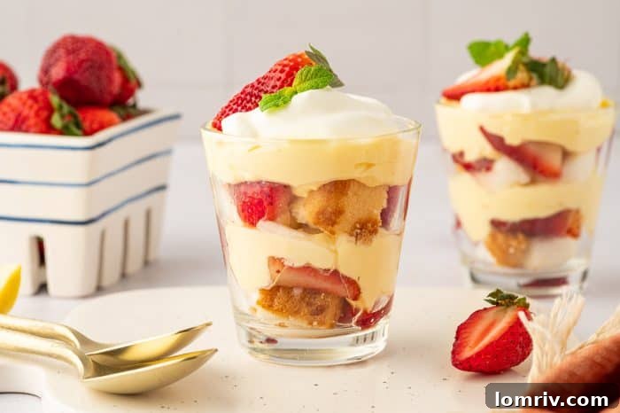 Two individual glasses of strawberry trifle on a white surface, garnished with fresh strawberries and elegant gold spoons.