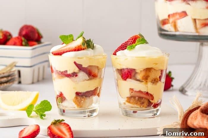 Two elegant glass servings of strawberry trifle with the full trifle bowl softly blurred in the background.