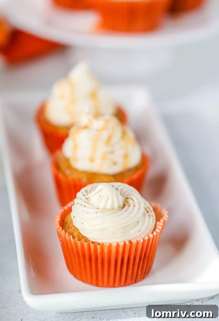 Tall, elegant pumpkin spice cupcakes topped with generous swirls of caramel cream cheese frosting, garnished for autumn.