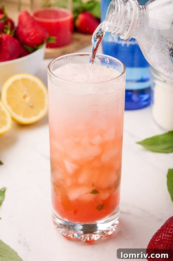 Finished Strawberry Basil Sparkler in a glass