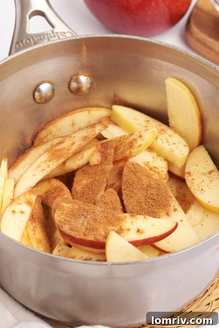 A saucepan with sliced apples, cinnamon, sugar, and lemon juice.