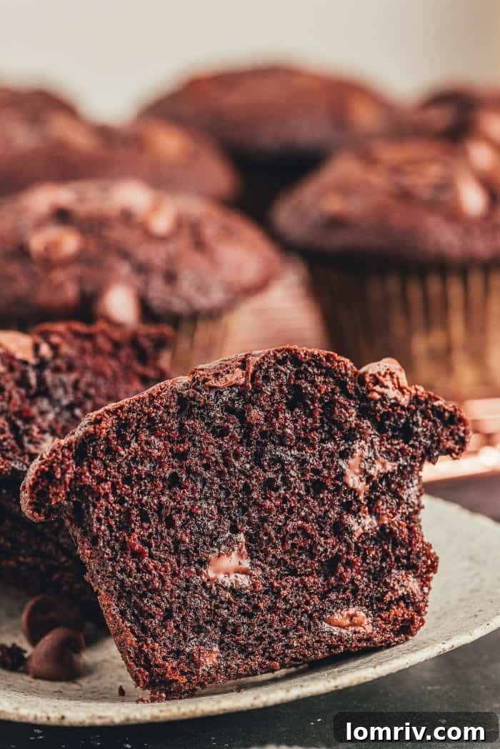 A double chocolate muffin that has been sliced in half to show how chocolatey it is. 