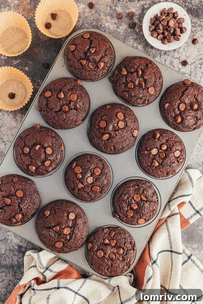 A muffin pan filled with double chocolate muffins that have been baked. 