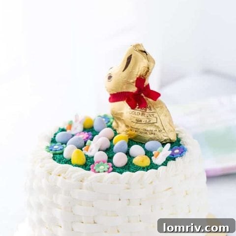 An intricately decorated Easter basket weave cake, showcasing advanced buttercream piping skills, topped with festive candies.