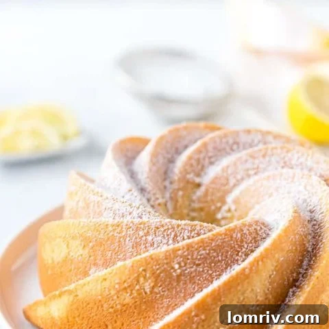 A delicate lemon bundt cake, lightly dusted with powdered sugar, offering a melt-in-your-mouth texture and bright flavor.