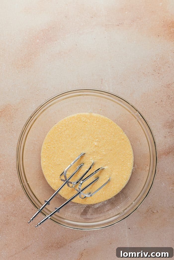 A glass bowl showcasing the smooth, golden cake batter, perfectly mixed and ready for the next steps.