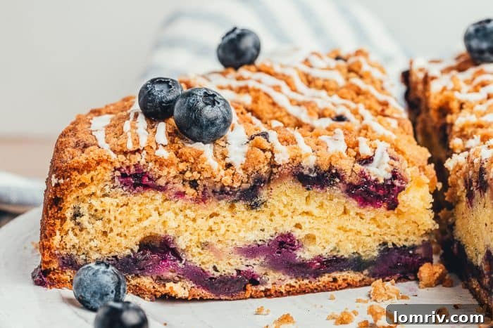 A beautifully presented slice of blueberry sour cream coffee cake, ready to be enjoyed, on a simple white plate.