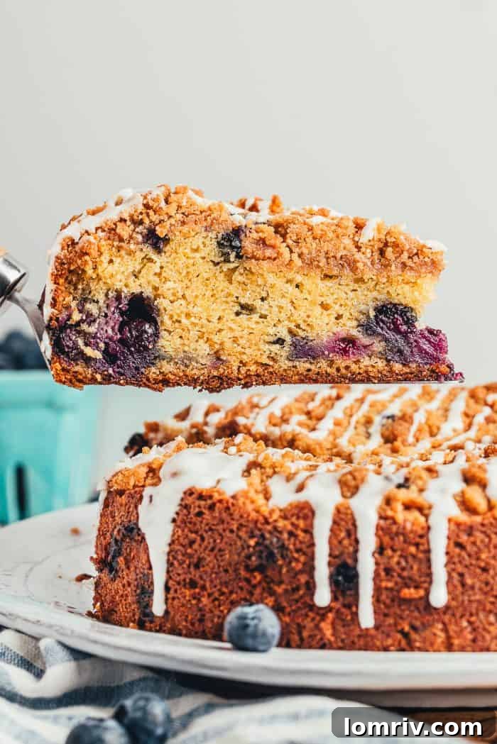 A freshly cut slice of blueberry coffee cake poised on a cake server, with the remaining whole cake, perfectly baked and topped with crumbly streusel, visible in the soft background.