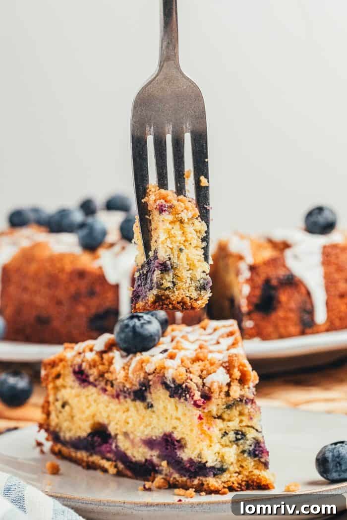 A close-up shot revealing the delightful layers of a blueberry sour cream coffee cake slice: a sweet glaze, crumbly streusel, and a moist cake studded with blueberries.
