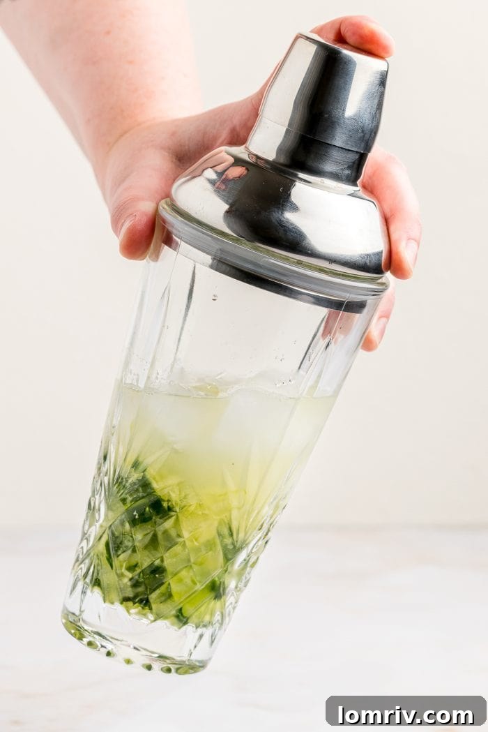 A cocktail shaker being vigorously shaken to mix and chill the Cucumber Basil Gimlet ingredients, creating a frosty exterior.