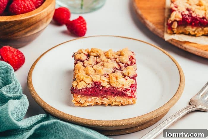 A raspberry crumble bar on a white plate.