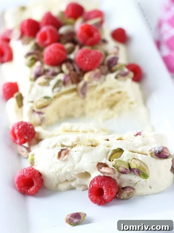 White Chocolate Semifreddo with Pistachios and Raspberries