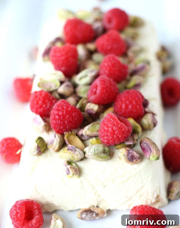 White Chocolate Semifreddo with Pistachios and Raspberries