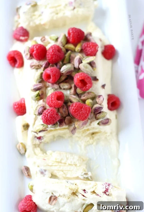 White Chocolate Semifreddo with Pistachios and Raspberries