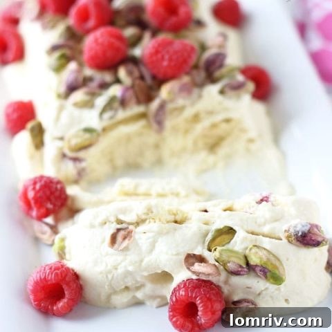 White Chocolate Semifreddo with Pistachios and Raspberries