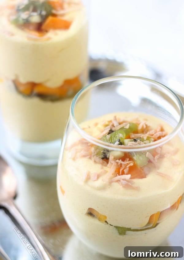 Close-up of mango kiwi mousse layers